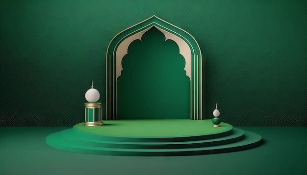 Grüne weiche Pastell Podium Ramadhan Hintergrund islamische Ornamente auf grünem Teppich Hintergrund Generative ai