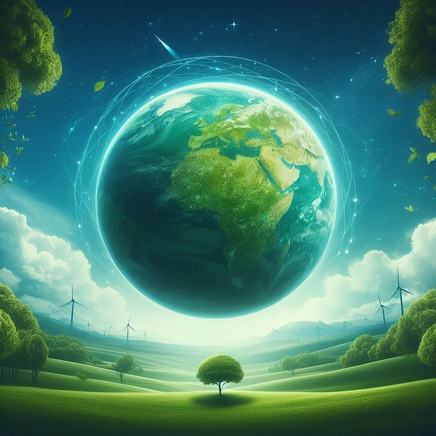 Grüne Welt mit einem Baumhintergrund und einer Kugel am Himmel