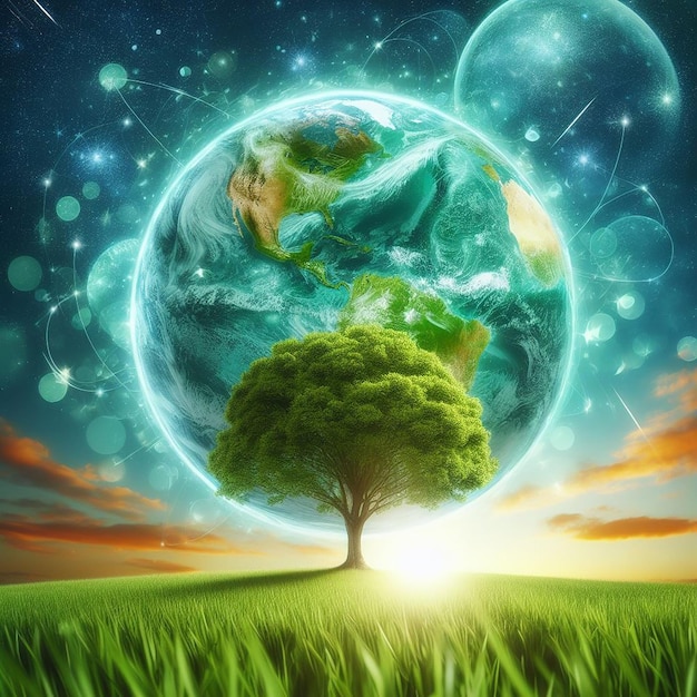 Grüne Welt mit einem Baumhintergrund und einer Kugel am Himmel
