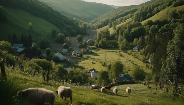 Grüne Wiese, grasende Kühe, ruhiger Bauernhof, majestätische Berge, ruhige Landschaft, erzeugt durch künstliche Intelligenz