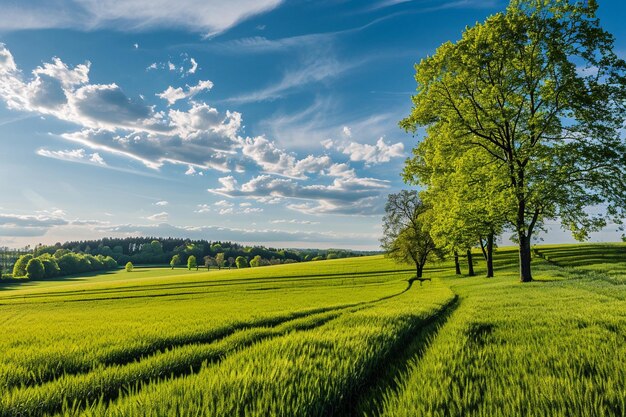 Foto grüne wiese mit blauem himmel