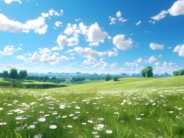 Grüne Wiese mit Gänseblümchen und blauer Himmel mit weißen Wolken