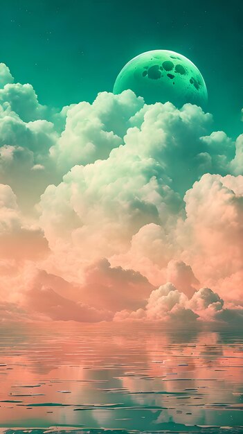 Foto grüne wolken-himmelslandschaft im digitalen kunststil mit mondwandpapier