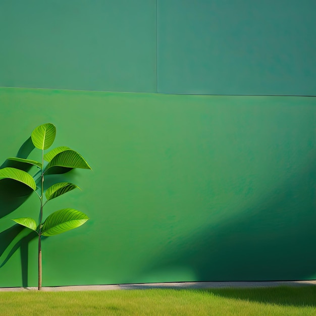 Grüne Zementstrukturwand mit grauem Schatten einer Blattpflanze. Sommerlicher abstrakter Hintergrund