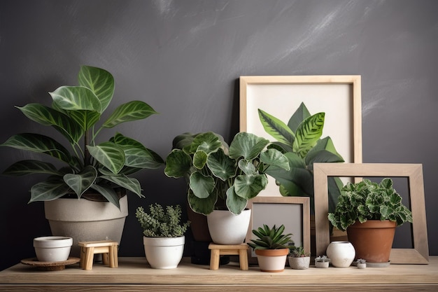 Grüne Zimmerpflanzen und Blumen in einem Behälter werden in einem vertikalen Holzrahmen gegen eine graue Betonwand ausgestellt Vorlage für ein Modell Ihres Designs und Textes