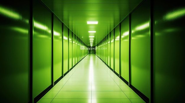 Grüner abstrakter futuristischer Tunnel mit Neonlinien Generative KI