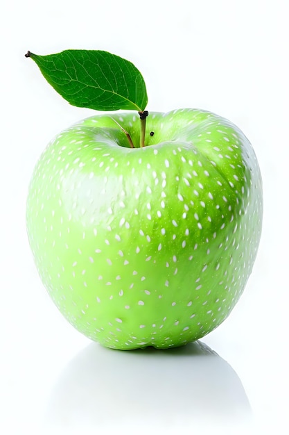 Foto grüner apfel mit einem blatt auf weißem hintergrund