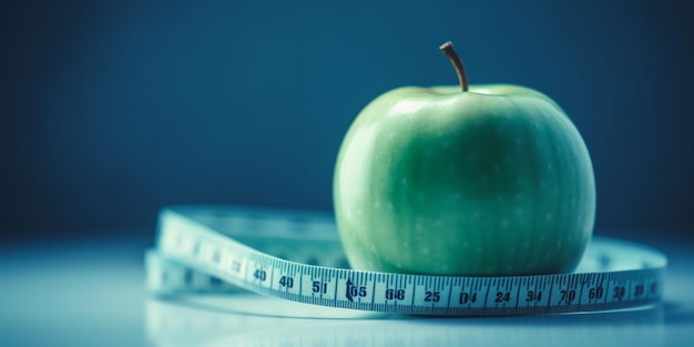 Grüner Apfel mit Maßband auf blauem Hintergrund Gewichtsverlust durch Kalorienzählen und Konzept für gesunde Ernährung