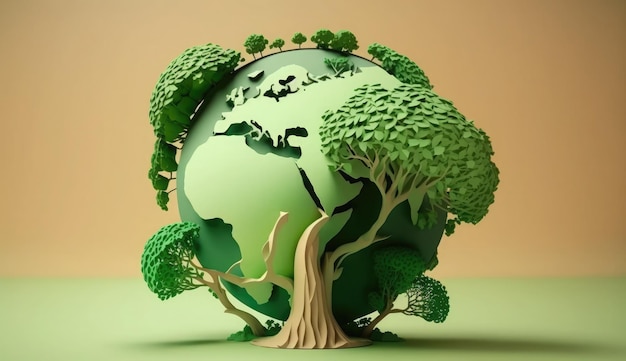 Grüner Baum des Welttages der Erde mit der Welt, die die Umwelt rettet, rettet das Ökologiekonzept des sauberen Planeten