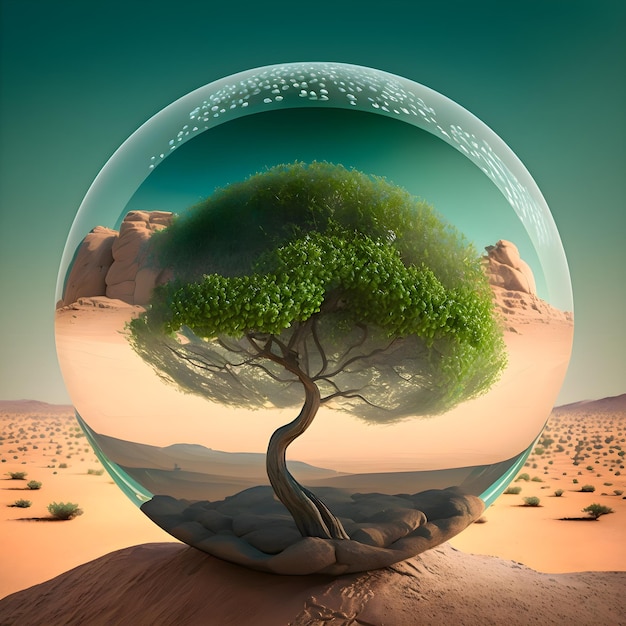 Grüner Baum in einem transparenten Glasblasenkonzept für Ökologie, Klimawandel oder Tag der Erde