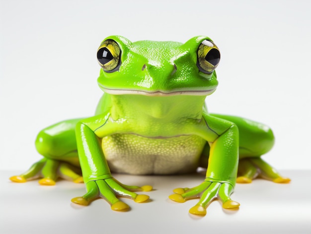 Grüner Baumfrosch auf weißem Hintergrund, der in die Kamera schaut