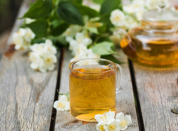 Grüner chinesischer Tee mit Jasmin in einer Tasse mit Jasminblüten