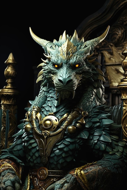 Grüner Drachenkönig auf dem goldenen Thron im Schloss Grußkarte für das neue Jahr 2024