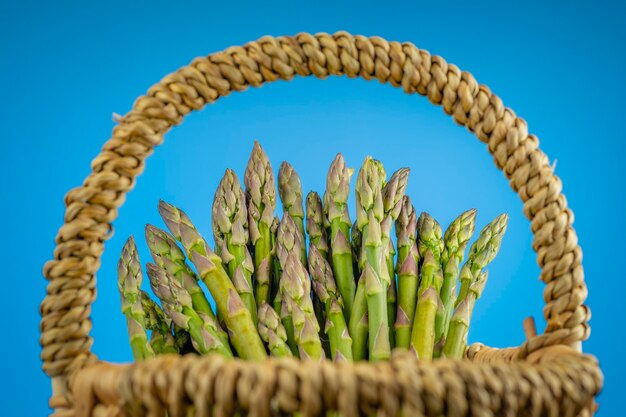 Grüner frischer Spargel. Bündel grüner Spargel in einem Korb