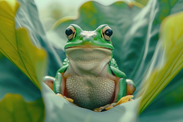 Grüner Frosch auf dem Lotusblatt-Hintergrund