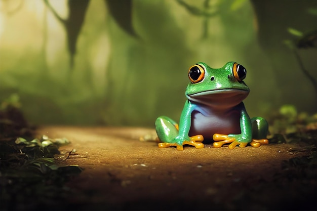 Grüner Frosch sitzt auf dem Boden in forest3d Illustration