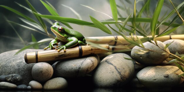 Grüner Frosch sitzt auf einem Stein auf grünem Hintergrund mit KI-Generierung