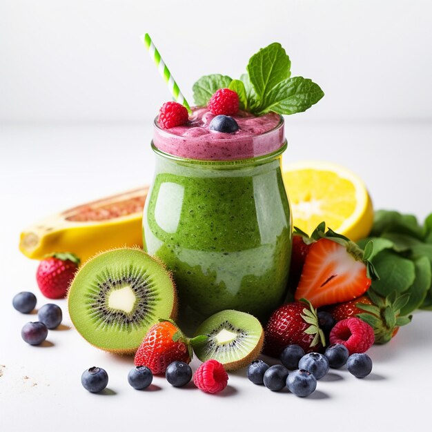 Foto grüner gesunder smoothie in einem glaskrug mit avocado auf weißem hintergrund