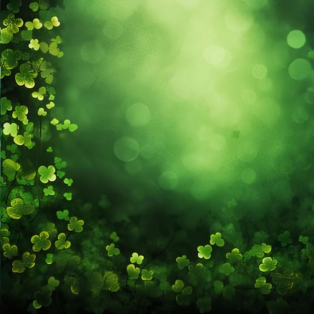 Foto grüner hintergrund mit bokeh-effekt um den grünen kleeblatt lässt platz für ihren eigenen inhalt grünes vierblatt-kleeblatt symbol des st. patrick's day