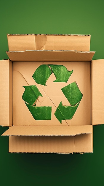 Grüner Hintergrund mit Kartonschachtel mit Recycling-Symbol und Öko-Konzept Vertical Mobile Wallpaper