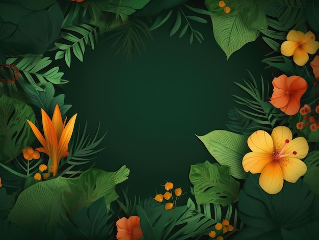 Grüner Hintergrund mit tropische Blätter und Blumen generative ai