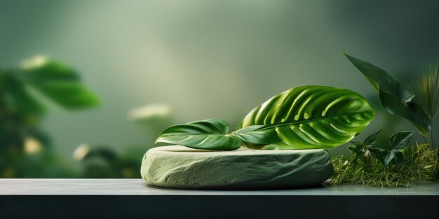 Grüner Hintergrund Podium Produktplattform für Natur Schönheit kosmetische Bühnenszene Abstraktes Fels Podium Podest Mockup mit grünem Blatt Schatten Fotografie Showcase frisches Banner