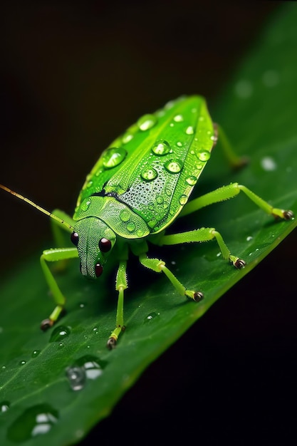Grüner Käfer sitzt auf einem grünen Blatt, das mit Wassertropfen bedeckt ist. Generative KI