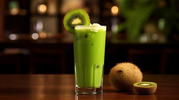 Grüner Kiwi-Smoothie in einem Glas auf einem Holztisch