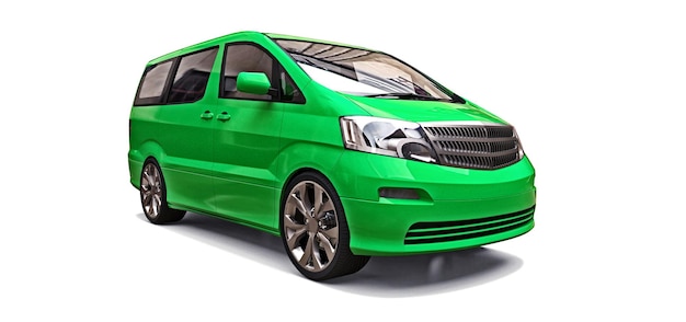 Grüner kleiner Minivan für den Transport von Menschen auf weißem Hintergrund 3D-Rendering