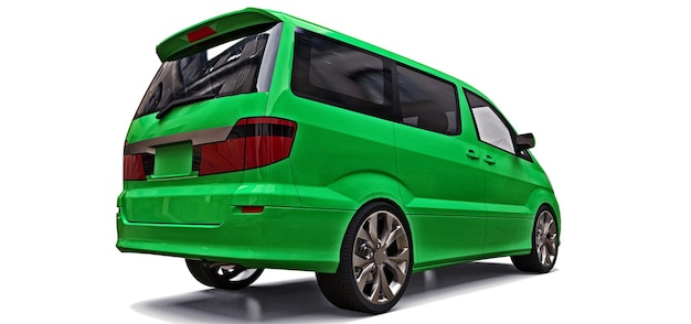 Grüner kleiner Minivan für den Transport von Menschen auf weißem Hintergrund 3D-Rendering