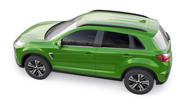 Grüner kompakter städtischer SUV auf einem weißen einheitlichen Hintergrund mit einem leeren Körper für Ihr Design 3D-Rendering