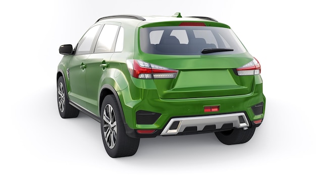 Grüner kompakter städtischer SUV auf einem weißen einheitlichen Hintergrund mit einem leeren Körper für Ihr Design 3D-Rendering