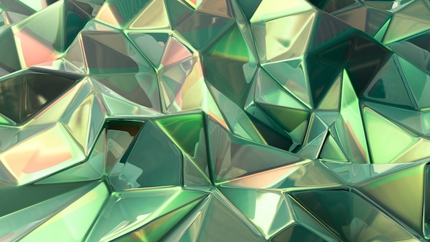 Grüner Kristallhintergrund mit Dreiecken. 3D-Rendering.