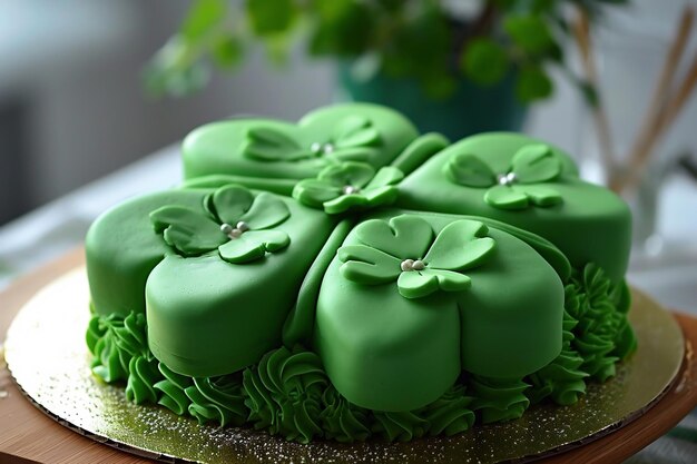 Grüner Kuchen, geschmückt mit Kleeblättern St. Patrick's Day Süßigkeiten Konzept