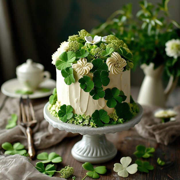 Foto grüner kuchen, geschmückt mit kleeblättern, süßigkeiten zum st. patrick's day