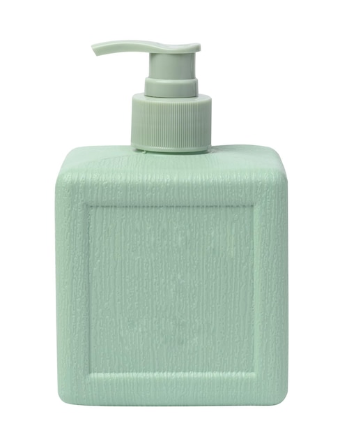 Foto grüner kunststoffbehälter mit spender für flüssiges kosmetikseifengel und shampoo