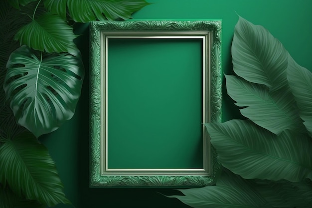 Grüner leerer Rahmen auf grüner Wand-Attrappe, weißer Posterrahmen an der Wand, Palmen-Attrappe für Bilder- oder Fotorahmen, leerer Rahmen auf heller Wand mit generativer KI aus Pflanzenblättern