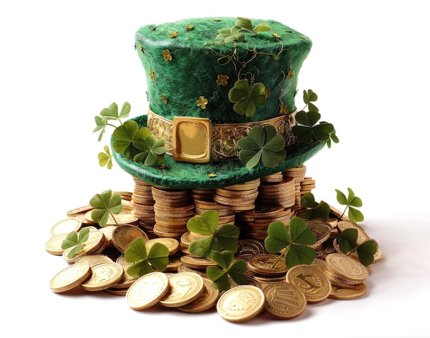 Grüner Leprechaun-Hut auf einem Haufen Goldmünzen St. Patrick's Day-Design