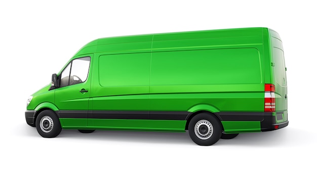 Grüner mittelgroßer Lieferwagen auf weißem Hintergrund Ein leerer Körper zum Anbringen Ihrer Design-Inschriften und Logos 3D-Darstellung