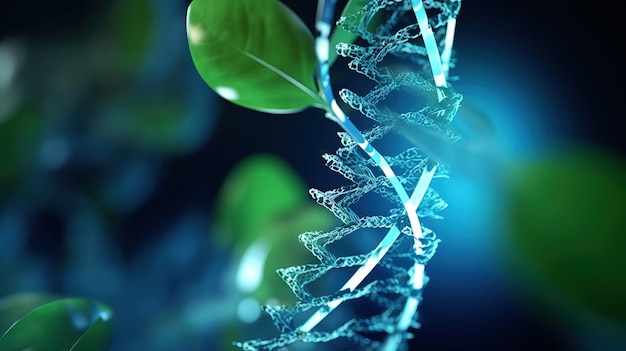 Foto grüner pflanzenspross mit blauem 3d-dna-molekül-helixlowpoly-stil abstrakter neonrahmen-stil generative ki