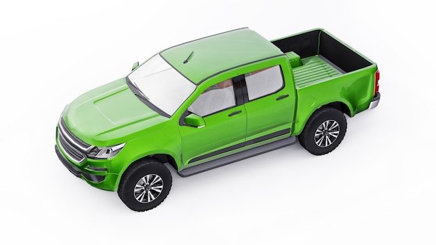 Grüner Pickup-Auto auf weißem Hintergrund. 3D-Rendering.