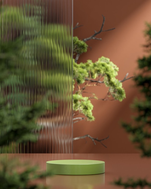 Grüner Podeststand auf grünem Bonsai-Baum brauner Hintergrund für Produktplatzierung 3D-Rendering