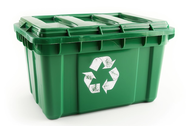Foto grüner recyclingbehälter auf weißem hintergrund