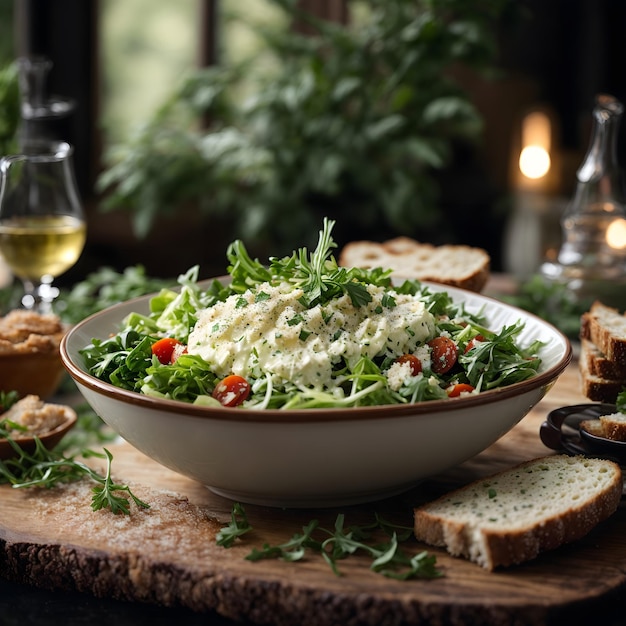 Grüner Salat mit Parmesan und Brotsauce