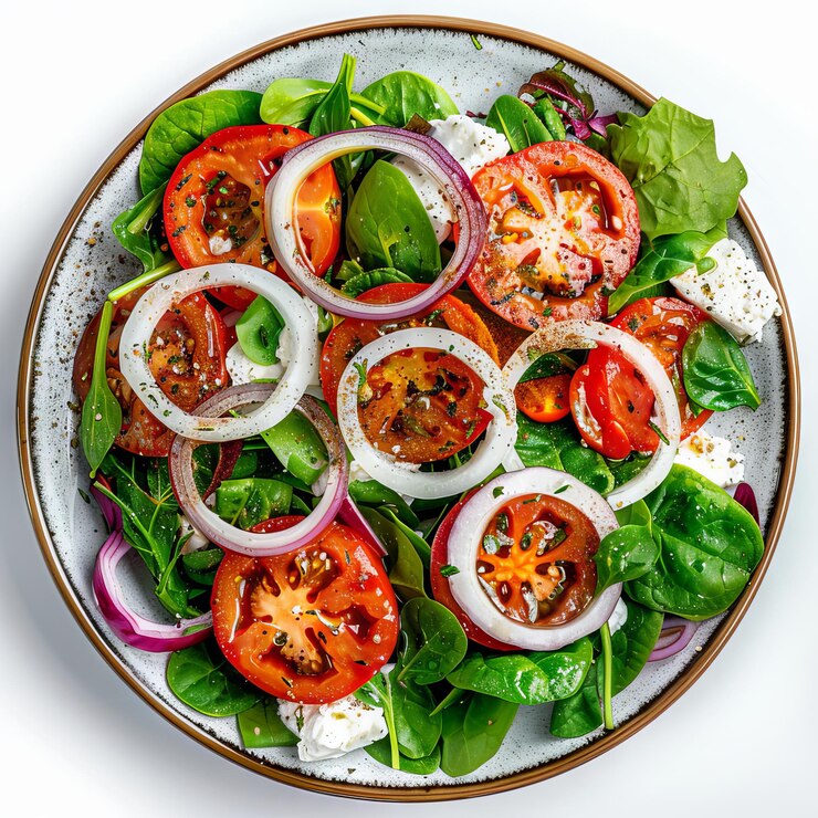 Foto grüner salat mit ziegenkäse, spinat, tomaten, roten zwiebeln, ringe auf weißem hintergrund