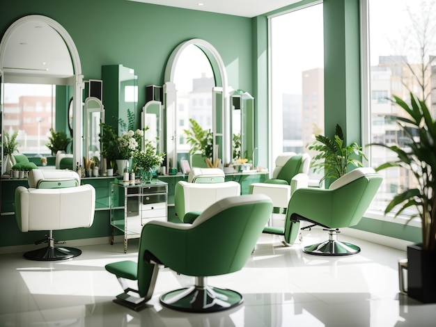 Foto grüner schönheitssalon mit sesselreihen und minimalistischem design