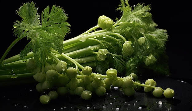 grüner Sellerie in Wassertropfen im Stil bezaubernder Blumenstillleben