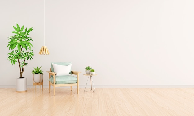 Grüner Sessel im weißen Wohnzimmer mit Kopienraum für Mockup