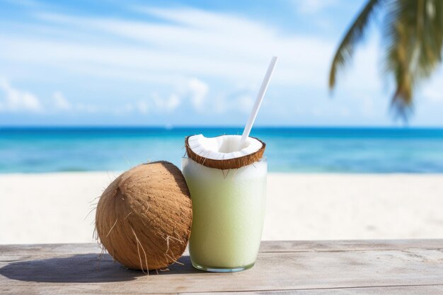 Foto grüner smoothie mit halber kokosnuss im hintergrund des strandes