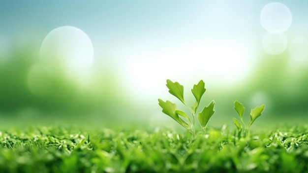 Grüner Spross wächst im Gras mit verschwommenem Hintergrund. Öko-Konzept